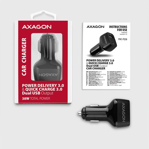 AXAGON PWC-PQ38, PD & QUICK nabíjačka do auta 38W, 2x port (USB + USB-C), PD3.0/ QC3.0/ AFC/ FCP/ Apple 