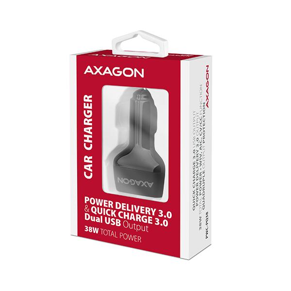 AXAGON PWC-PQ38, PD & QUICK nabíjačka do auta 38W, 2x port (USB + USB-C), PD3.0/ QC3.0/ AFC/ FCP/ Apple 