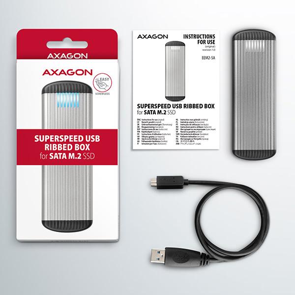 AXAGON EEM2-SA, USB micro-B 3.2 Gen 1 - M.2 SATA SSD kovový RIBBED box, bezskrutkový 