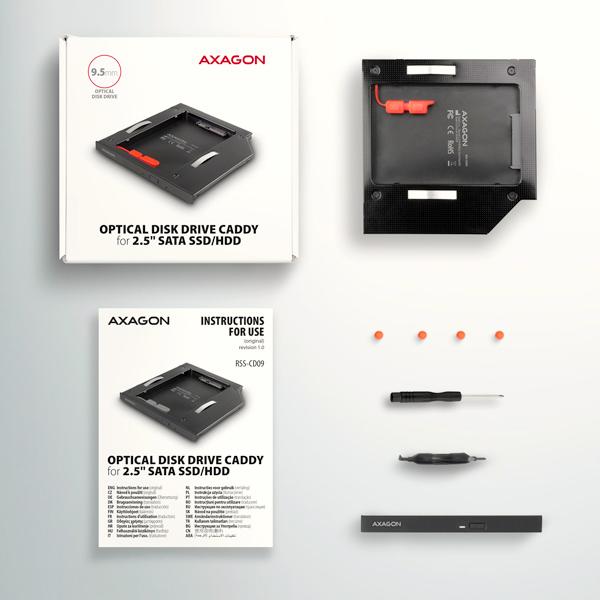AXAGON RSS-CD09 rámček pre 2.5" SSD/ HDD do DVD slotu, 9.5 mm, LED, hliník 