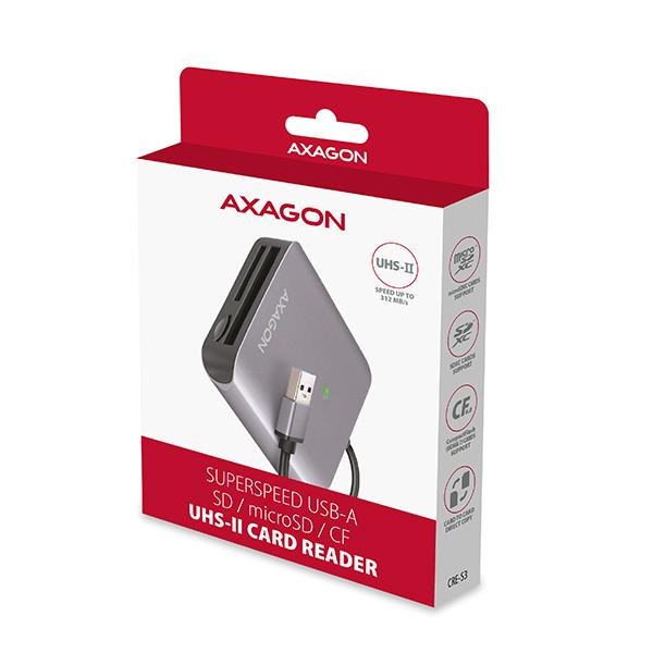 AXAGON CRE-S3, USB-A 3.2 Gen 1 - SUPERSPEED čítačka kariet, 3-slot & lun SD/ microSD/ CF, podpora UHS-II 