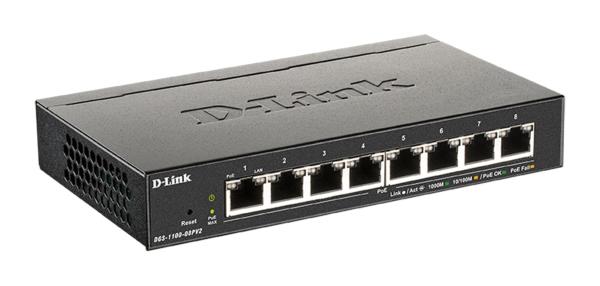 D-Link DGS-1100-08PV2 Smart Switch, 8x 1000Base-T 802.3at PoE, 64W PoE budget, Fanless 