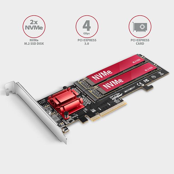 AXAGON PCEM2-ND, PCIe x8 radič - 2x M.2 NVMe M-key slot, RAID, podpora dosiek bez bifurkácie, vr. LP 