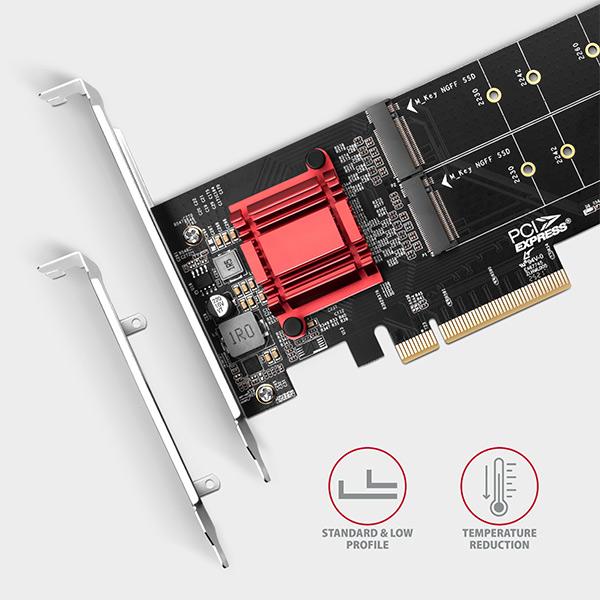 AXAGON PCEM2-ND, PCIe x8 radič - 2x M.2 NVMe M-key slot, RAID, podpora dosiek bez bifurkácie, vr. LP 