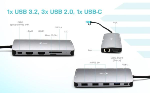 i-tec USB 3.0/ USB-C/ TB3 3x Display Metal Nano Dock with LAN, PD 100W 