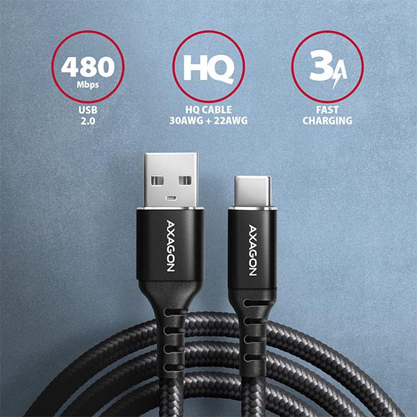 AXAGON BUCM-AM10AB, HQ kábel USB-C <-> USB-A, 1m, USB 2.0, 3A, ALU, oplet, čierny 