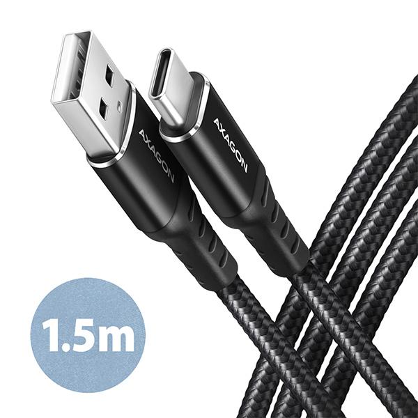 AXAGON BUCM-AM15AB, HQ kábel USB-C <-> USB-A, 1.5m, USB 2.0, 3A, ALU, oplet, čierny