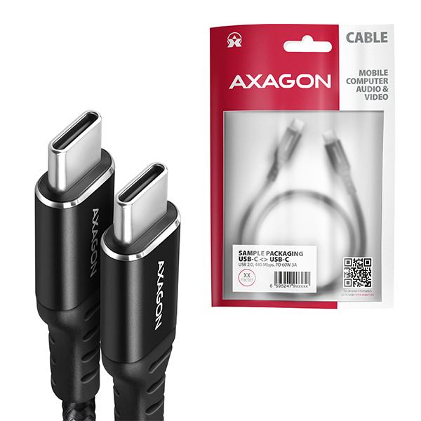 AXAGON BUCM-CM30AB, HQ kábel USB-C <-> USB-C, 3m, USB 2.0, PD 60W 3A, ALU, oplet, čierny 