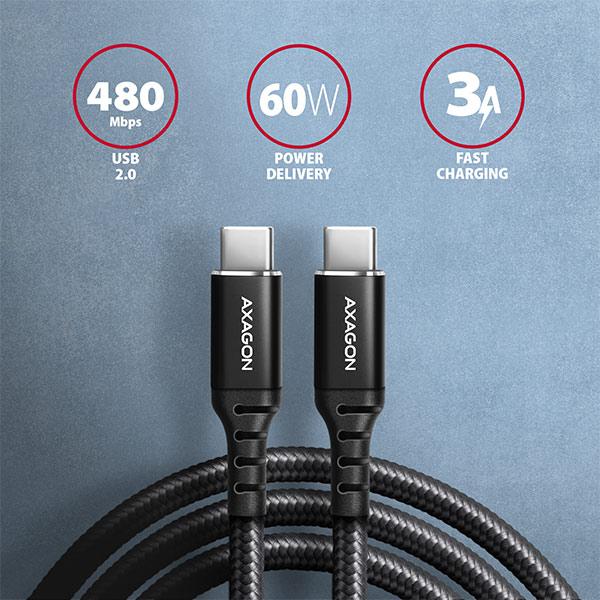 AXAGON BUCM-CM10AB, HQ kábel USB-C <-> USB-C, 1m, USB 2.0, PD 60W 3A, ALU, oplet, čierny 