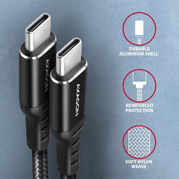 AXAGON BUCM-CM10AB, HQ kábel USB-C <-> USB-C, 1m, USB 2.0, PD 60W 3A, ALU, oplet, čierny 