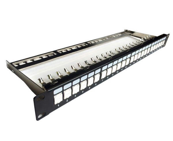 DATACOM Patch panel 19" STP 24 port CAT6A 1U čierny, vyvaz.lišta, beznástrojový 