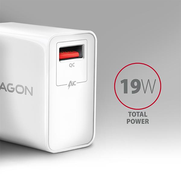 AXAGON ACU-QC19W, QC nabíjačka do siete 19W, 1x USB-A port, QC3.0/ AFC/ FCP/ SMART, biela 