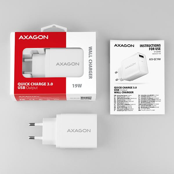 AXAGON ACU-QC19W, QC nabíjačka do siete 19W, 1x USB-A port, QC3.0/ AFC/ FCP/ SMART, biela 