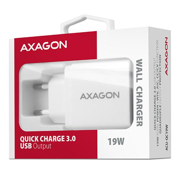 AXAGON ACU-QC19W, QC nabíjačka do siete 19W, 1x USB-A port, QC3.0/ AFC/ FCP/ SMART, biela 