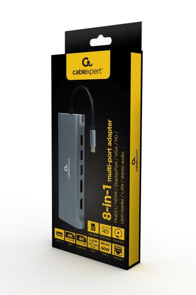 Gembird USB-C 8v1 multiport USB 3.0 + HDMI + DisplayPort + VGA + PD + čtečka karet + LAN + audio 