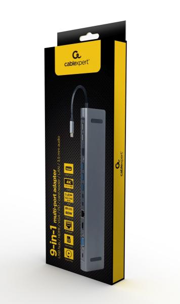 Gembird USB-C 9v1 multiport USB + HDMI + VGA + PD + čtečka karet + LAN + audio 