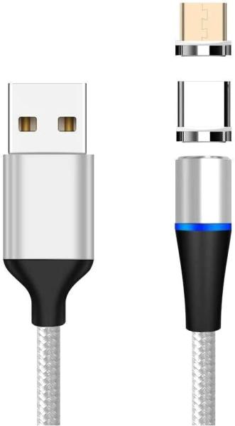 PremiumCord Magnetický micro USB a USB-C nabíjací a dátový kábel 1m, strieborný