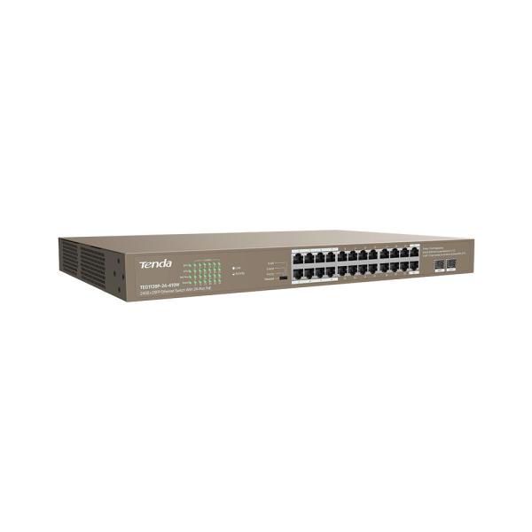 Tenda TEG1126P-24-410W PoE AT Gigabit switch 24x 1Gb/ s PoE 802.3af/ at + 2x SFP, PoE+ 370W, Rackmount 