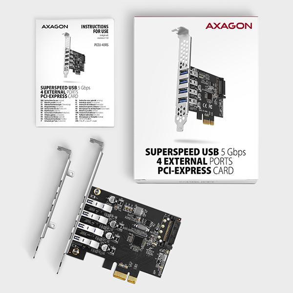 AXAGON PCEU-43RS, PCIe radič, 4x USB 3.2 Gen 1 port, 5 Gbps, napájanie z PCIe alebo SATA, SP & LP 