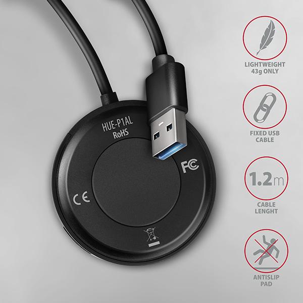 AXAGON HUE-P1AL, 4x USB 3.2 Gen 1 ROUND hub, micro USB napájací konektor, kábel USB-A 1.2m 