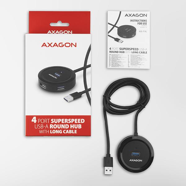 AXAGON HUE-P1AL, 4x USB 3.2 Gen 1 ROUND hub, micro USB napájací konektor, kábel USB-A 1.2m 