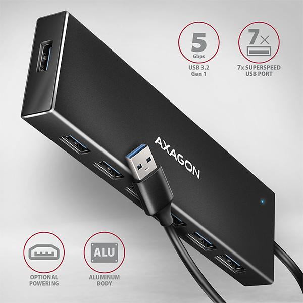 AXAGON HUE-F7A, 7x USB 3.2 Gen 1 ALU FLAT CHARGING hub, micro USB napájací konektor, kábel USB-A 1m 