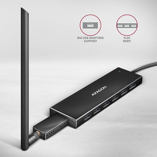 AXAGON HUE-F7A, 7x USB 3.2 Gen 1 ALU FLAT CHARGING hub, micro USB napájací konektor, kábel USB-A 1m 