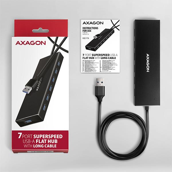 AXAGON HUE-F7A, 7x USB 3.2 Gen 1 ALU FLAT CHARGING hub, micro USB napájací konektor, kábel USB-A 1m 