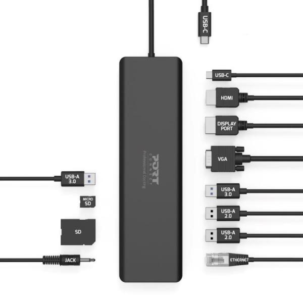 PORT CONNECT Dokovací stanice 11v1, 1x4K, RJ45, HDMI, Display Port, VGA, USB-C 100W, 4xUSB-A, micro/ SD 