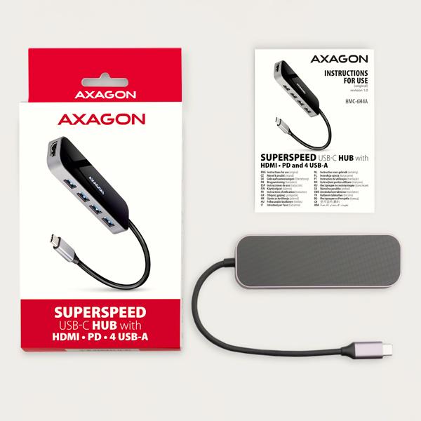 AXAGON HMC-6H4A, USB 3.2 Gen 1 hub, porty 4x USB-A, HDMI 4k/ 30Hz, PD 100W, kábel USB-C 20cm 