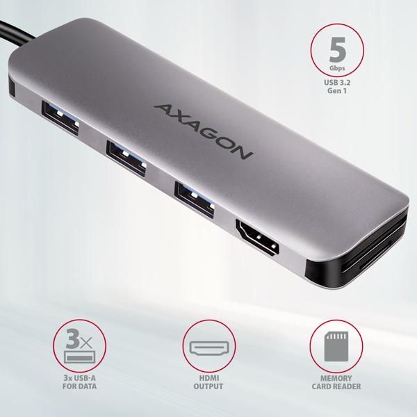 AXAGON HMC-HCR3A, USB 3.2 Gen 1 húb, porty 3x USB-A, HDMI 4k/ 30Hz, SD/ microSD, kábel USB-C 20cm 