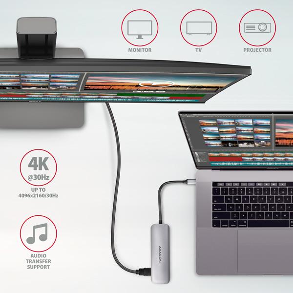 AXAGON HMC-HCR3A, USB 3.2 Gen 1 húb, porty 3x USB-A, HDMI 4k/ 30Hz, SD/ microSD, kábel USB-C 20cm 