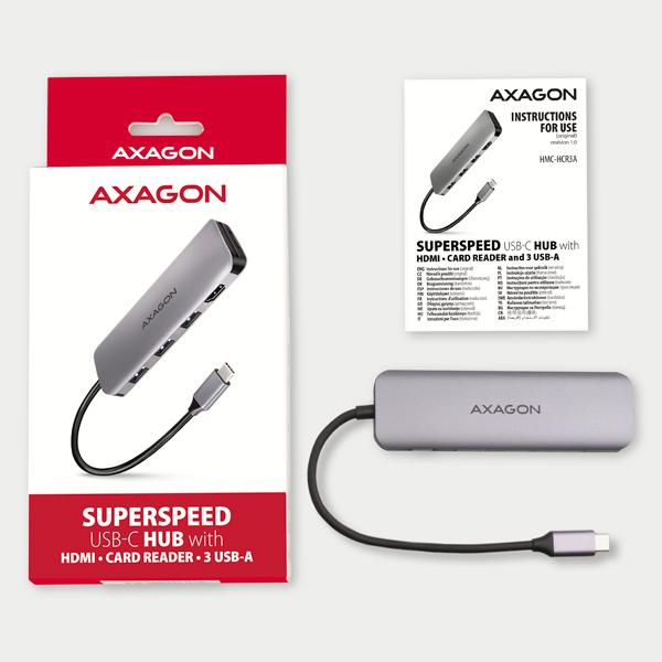 AXAGON HMC-HCR3A, USB 3.2 Gen 1 húb, porty 3x USB-A, HDMI 4k/ 30Hz, SD/ microSD, kábel USB-C 20cm 