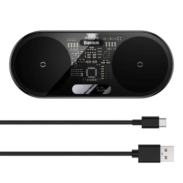 Baseus WXSX010101 LED Display 2in1 Bezdrátová Nabíječka 20W (s USB-C Kabelem 1m Black) Black