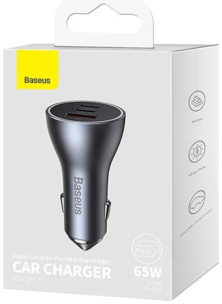 Baseus CGJP010013 Nabíjačka do Autá Triple Quick Charger USB/ USB-C/ USB-C 65W Dark Grey 