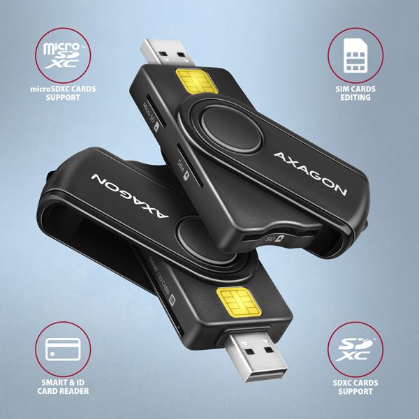 AXAGON CRE-SMP2A, USB-A + USB-C PocketReader 4-slot čtečka Smart card (eObčanka) + SD/ microSD/ SIM 