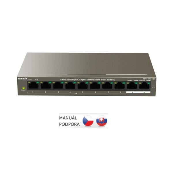 Tenda TEF1110P-8-102W PoE AT switch - 8x PoE 100 Mb/ s + 2x Uplink 1 Gb/ s, PoE max 102W, fanless, PoE+