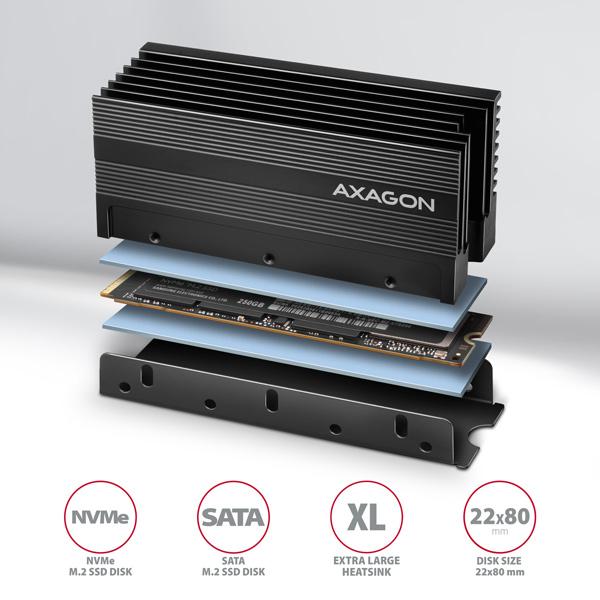 AXAGON CLR-M2XL, hliníkový pasívny chladič pre jedno aj obojstranný M.2 SSD disk, výška 36 mm 