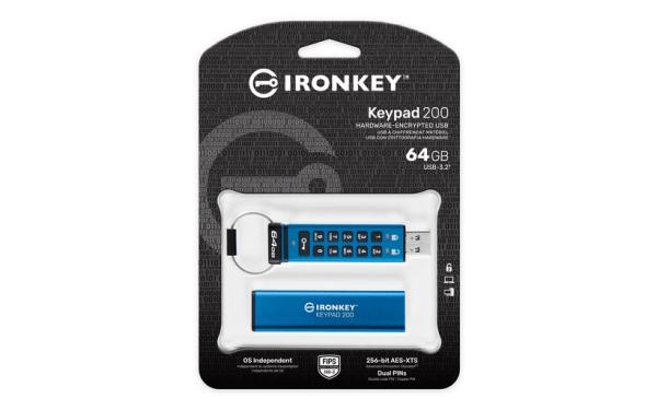 Kingston IronKey Keypad 200/ 64GB/ USB 3.2/ USB-A/ Modrá 