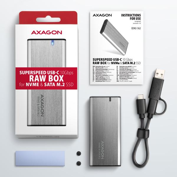 AXAGON EEM2-SG2, USB-C 3.2 Gen 2 - M.2 NVMe & SATA SSD kovový RAW box, bezskrutkový, strieborný 