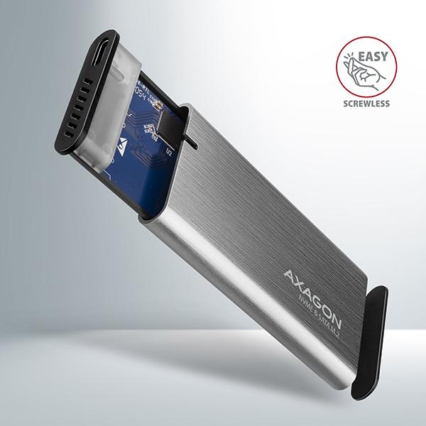 AXAGON EEM2-SG2, USB-C 3.2 Gen 2 - M.2 NVMe & SATA SSD kovový RAW box, bezskrutkový, strieborný 