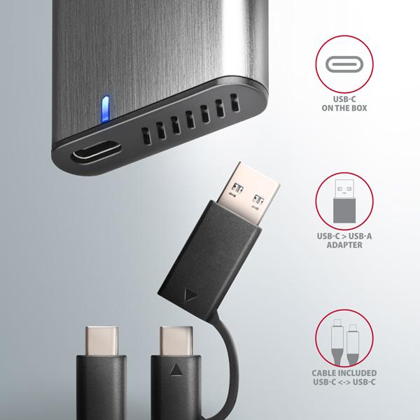 AXAGON EEM2-SG2, USB-C 3.2 Gen 2 - M.2 NVMe & SATA SSD kovový RAW box, bezskrutkový, strieborný 