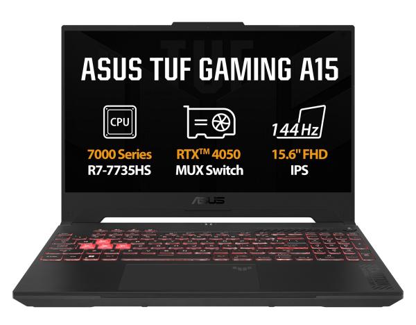 ASUS TUF Gaming A15/ FA507NU/ R7-7735HS/ 15, 6"/ FHD/ 16GB/ 512GB SSD/ RTX 4050/ W11H/ Gray/ 2R