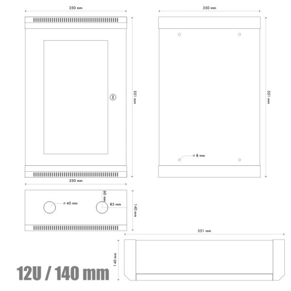 10" rack jednodílný 12U/ 140 DATACOM černý skl.dveře 