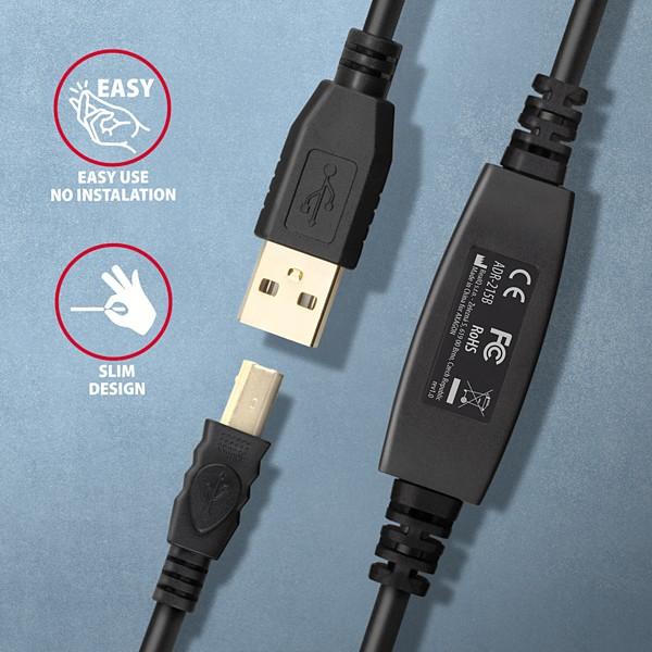 AXAGON ADR-215B, USB 2.0 A-M -> B-M aktívny prepojovací / repeater kábel, 15m 