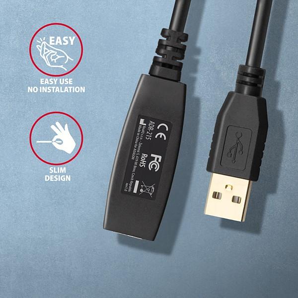 AXAGON ADR-215, USB 2.0 A-M -> A-F aktívny predlžovací / repeater kábel, 15m 