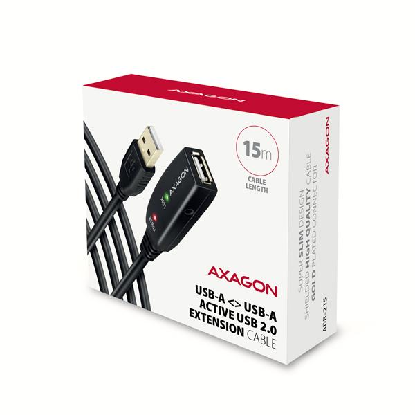 AXAGON ADR-215, USB 2.0 A-M -> A-F aktívny predlžovací / repeater kábel, 15m 