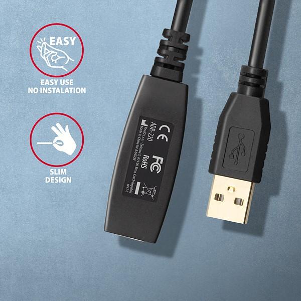 AXAGON ADR-220, USB 2.0 A-M -> A-F aktívny predlžovací / repeater kábel, 20m 