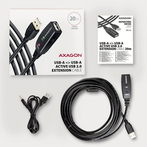 AXAGON ADR-220, USB 2.0 A-M -> A-F aktívny predlžovací / repeater kábel, 20m 