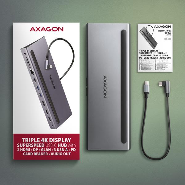 AXAGON HMC-4KX3 USB 5Gbps húb, 3x USB-A, 2x HDMI, DP, RJ-45, SD/ microSD, audio, PD 100W, kábel 40cm 